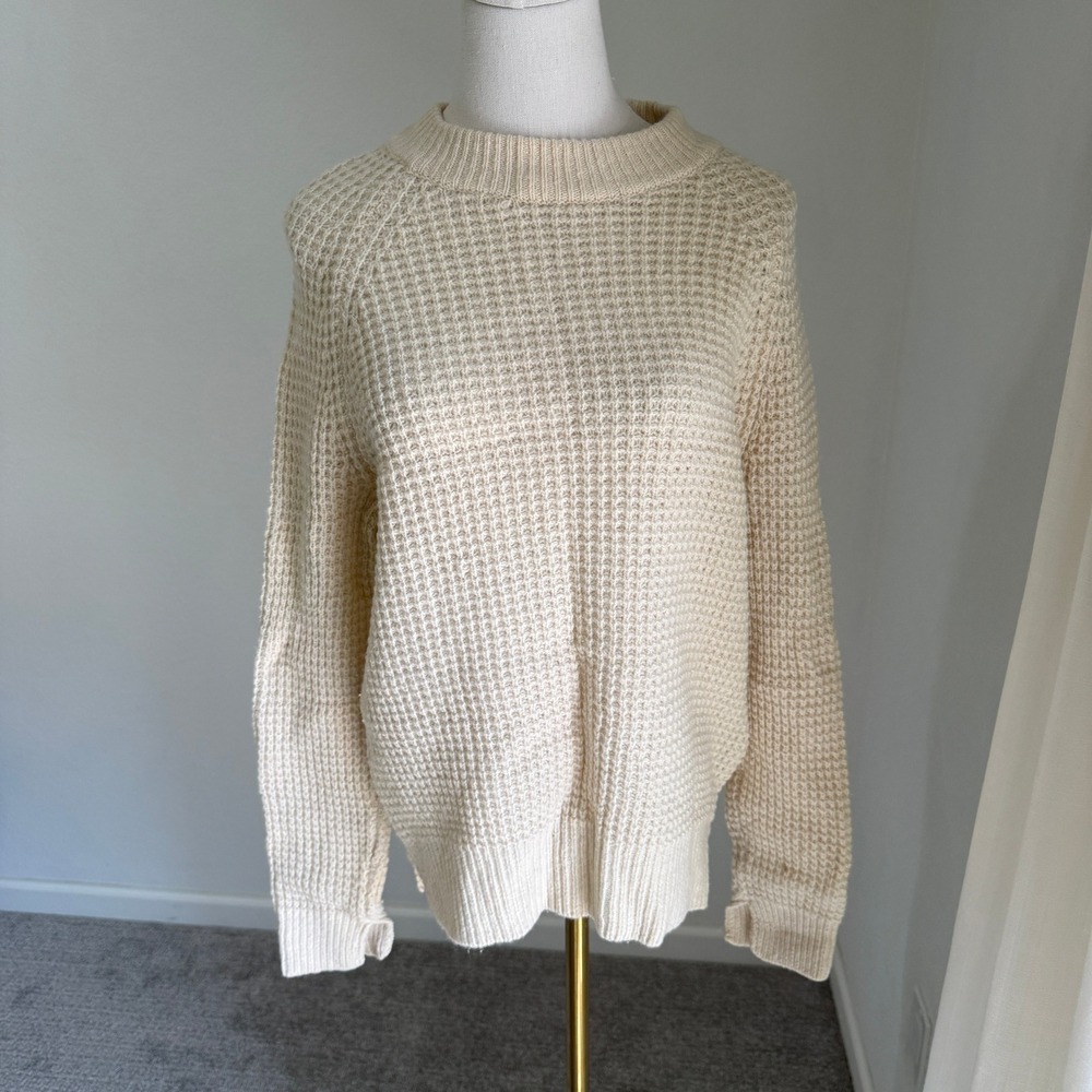 Ganni Hensley Cream Wool Waffle Knit Crew Neck Sweater Small Designer‎ Minimal